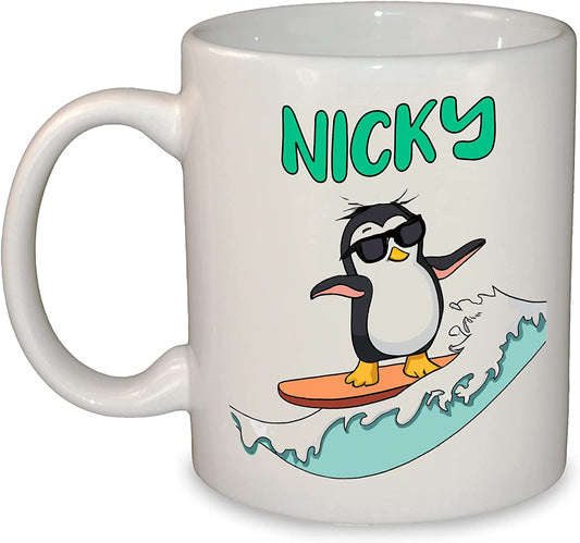 Surfing Penguin Personalised Coffee Mug / Cup