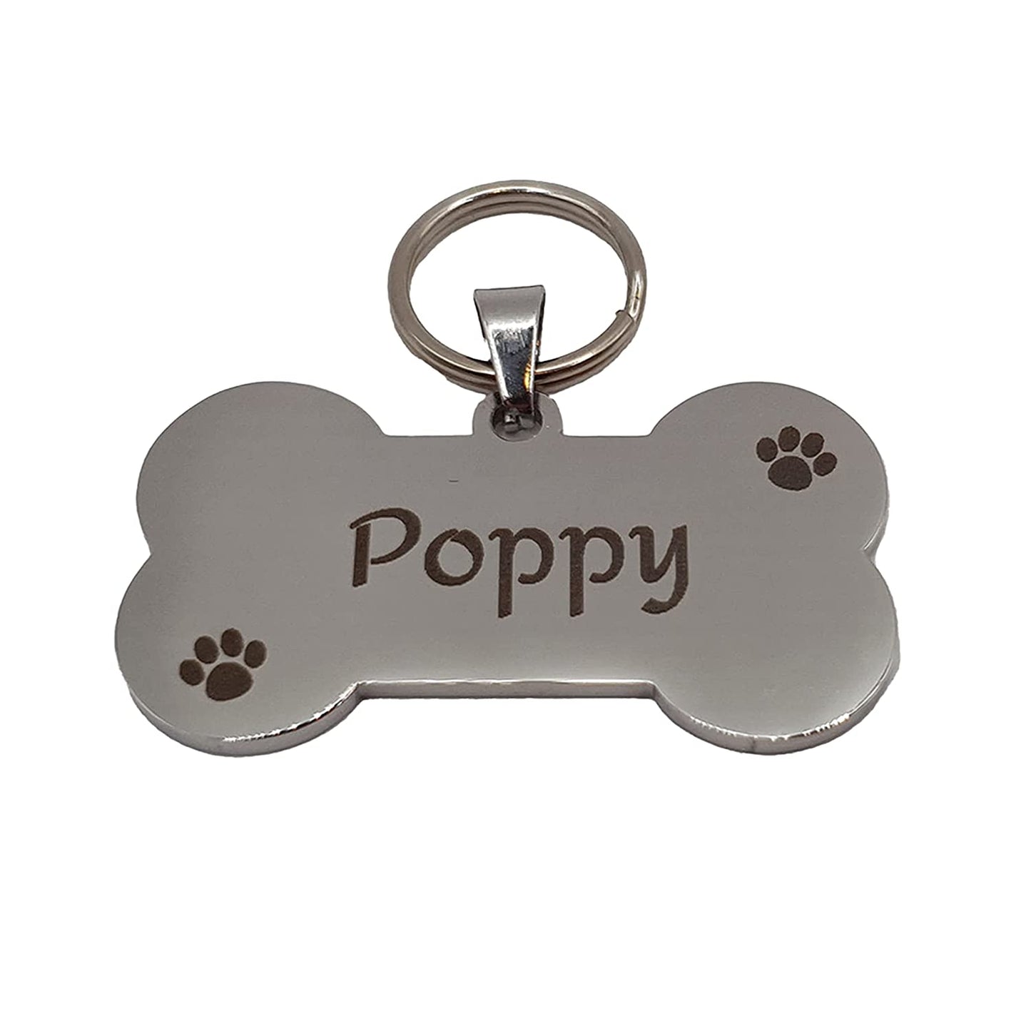 Engraved Dog Tag - Stainless Steel Bone Shape with Paw Prints- Personalised with Name and Contact Info - Pet ID Collar Accessory