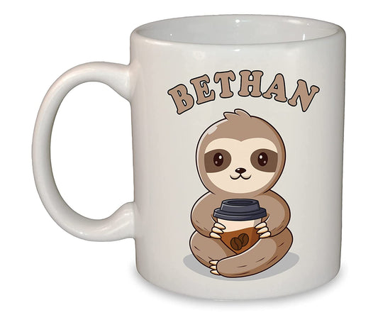 Sloth Drinking Coffee Mug | Personalised Ceramic 11oz Volume Cup | Add any name