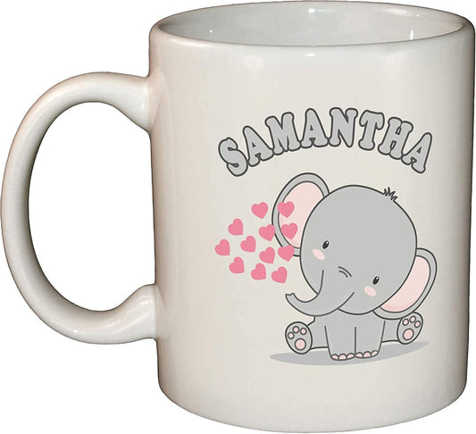 Cute Elephant & Hearts Personalised Name Ceramic Mug
