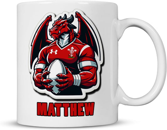 Welsh Dragon Wales Rugby Mug - 11oz Personalised Ceramic Cup - Add Any Name - Gift for Rugby Fans