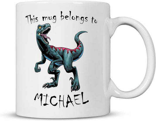 Dinosaur Mug With Personalised Name - White Ceramic 11oz Coffee Cup for Kids and Adults