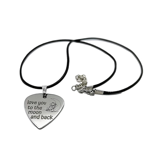 I Love You To The Moon And Back Plectrum Pendant & Necklace - Engraved Stainless Steel Unisex Guitar Pick Music Gift