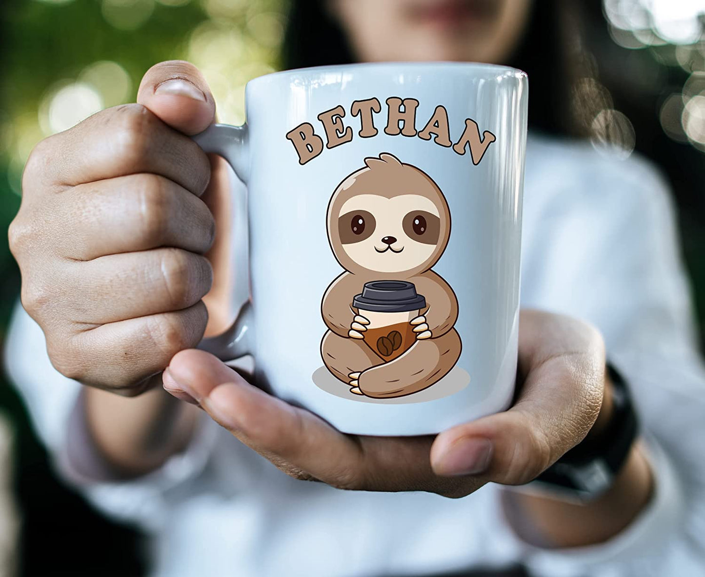 Sloth Drinking Coffee Mug | Personalised Ceramic 11oz Volume Cup | Add any name