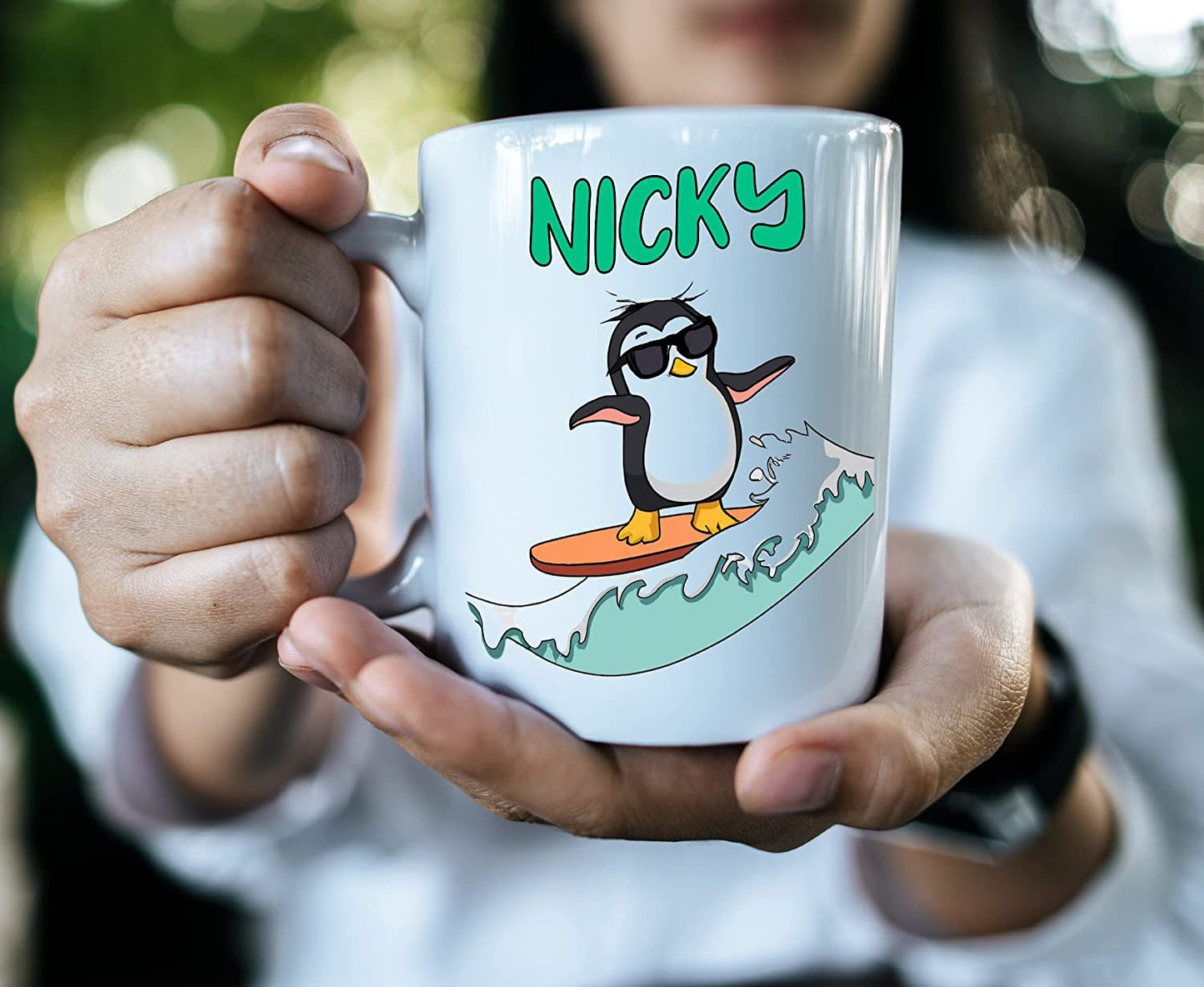 Surfing Penguin Personalised Coffee Mug / Cup
