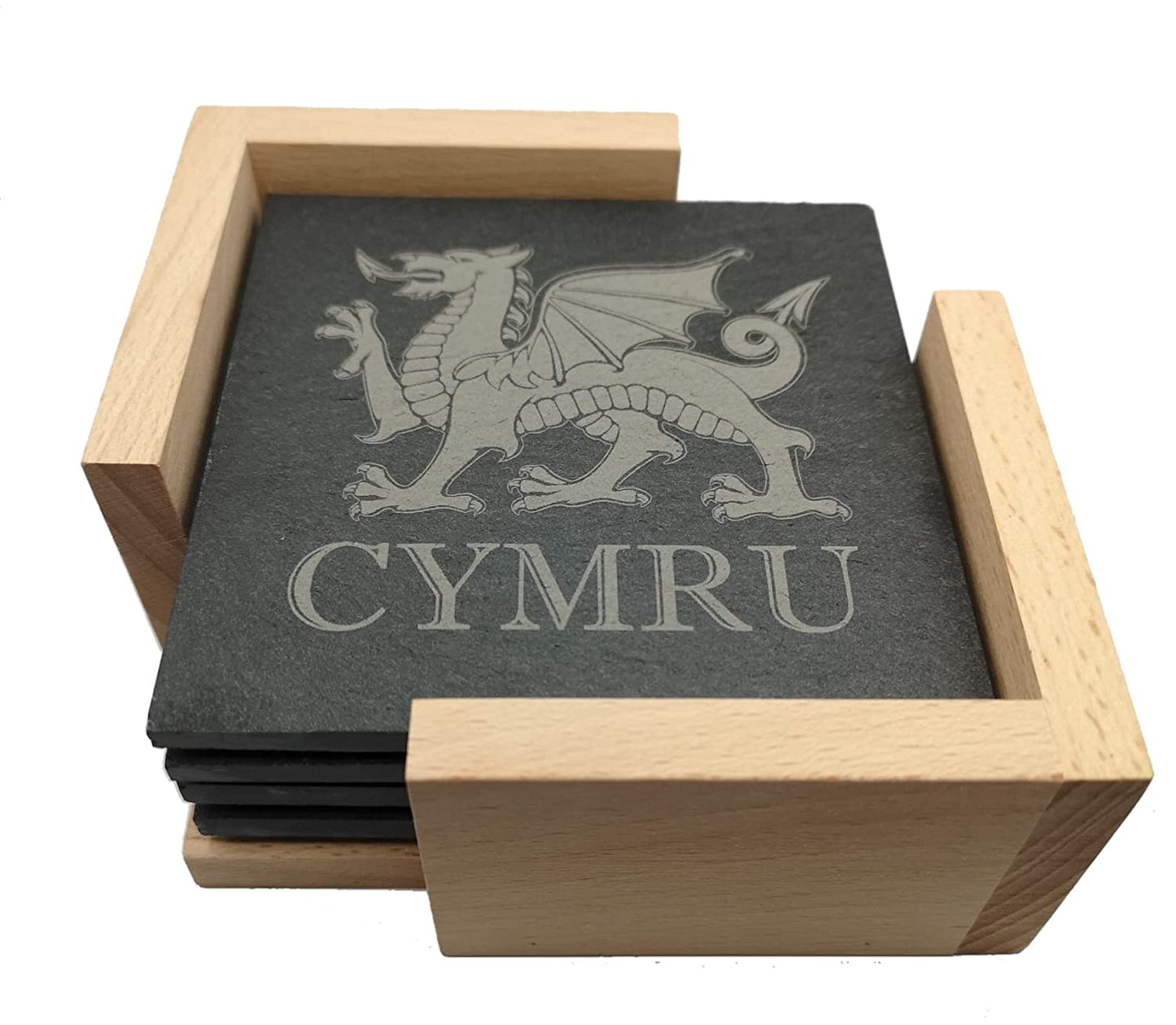 CYMRU Welsh Dragon Slate Coasters - Set of 4 with Presentation Box