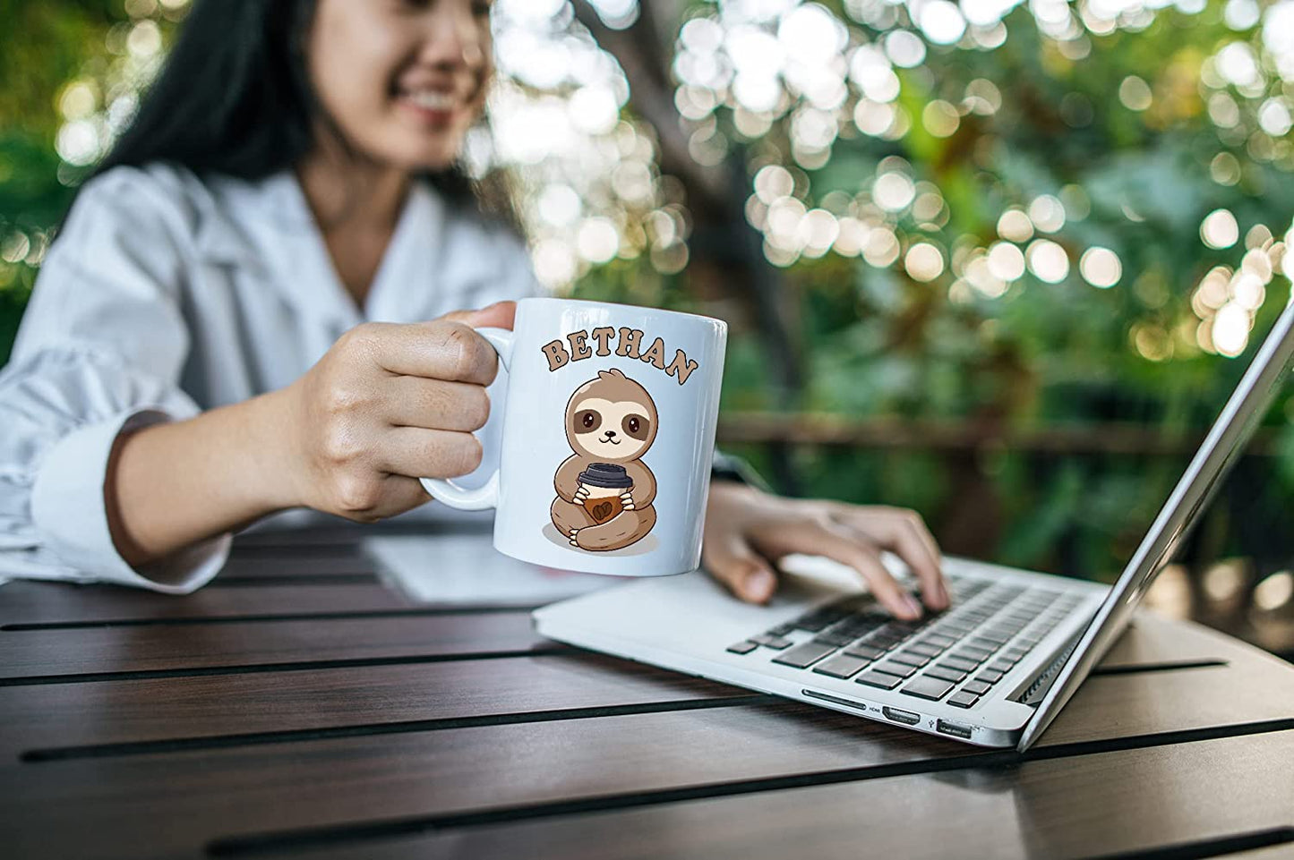 Sloth Drinking Coffee Mug | Personalised Ceramic 11oz Volume Cup | Add any name