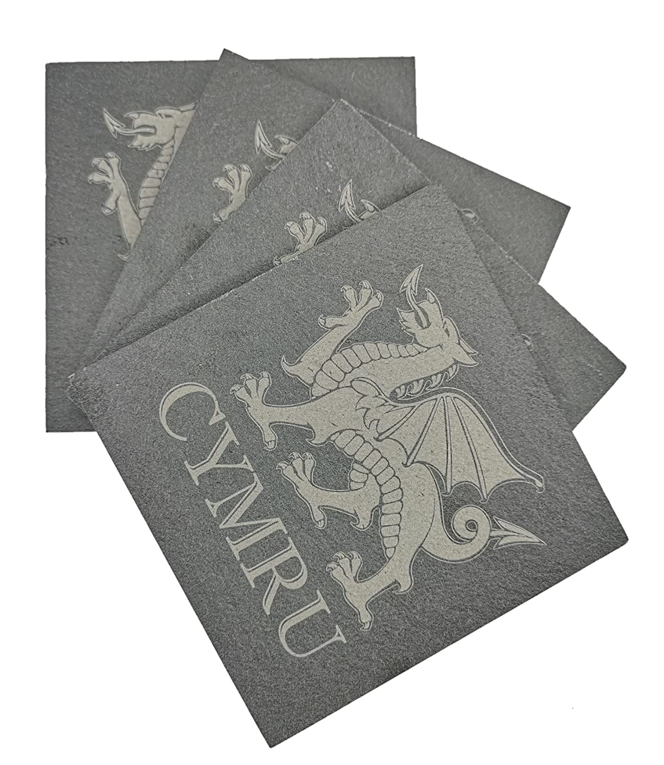 CYMRU Welsh Dragon Slate Coasters - Set of 4 with Presentation Box