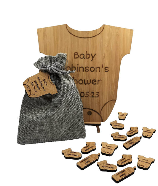 Personalised Baby Shower Bamboo Accessories (Full Set: 24 confetti, 10 Gift Tags, 10 Favour Bags, 1 Table Sign)