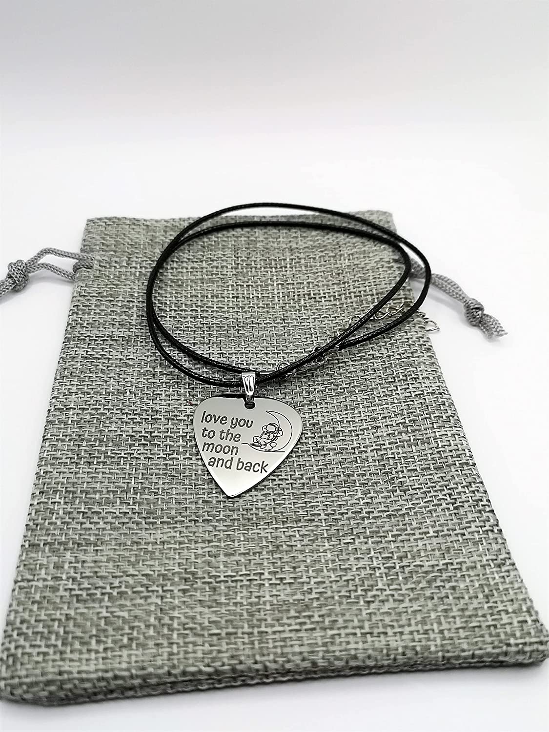 I Love You To The Moon And Back Plectrum Pendant & Necklace - Engraved Stainless Steel Unisex Guitar Pick Music Gift