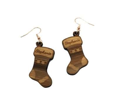 Personalised Novelty Christmas Stocking Bamboo Earrings – customise name and findings colour