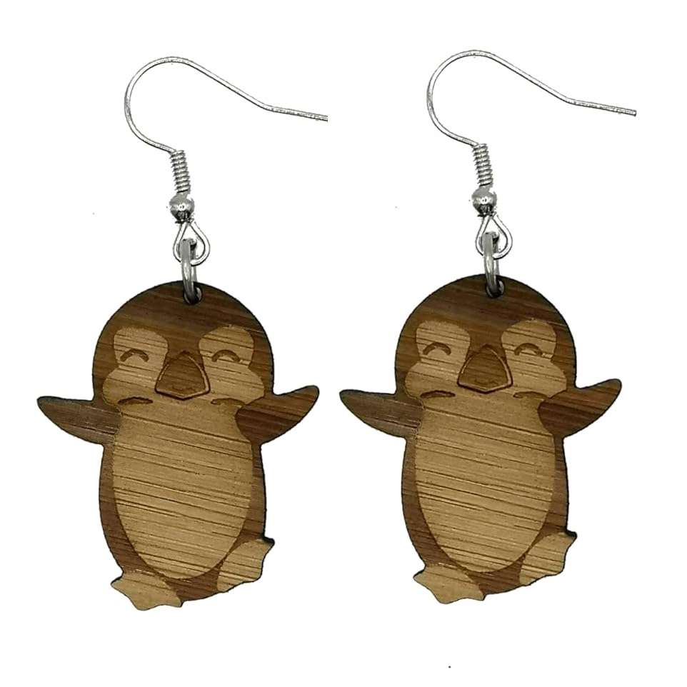 Dancing Penguin Bamboo Earrings – customise with Gold, Rose Gold or Silver findings