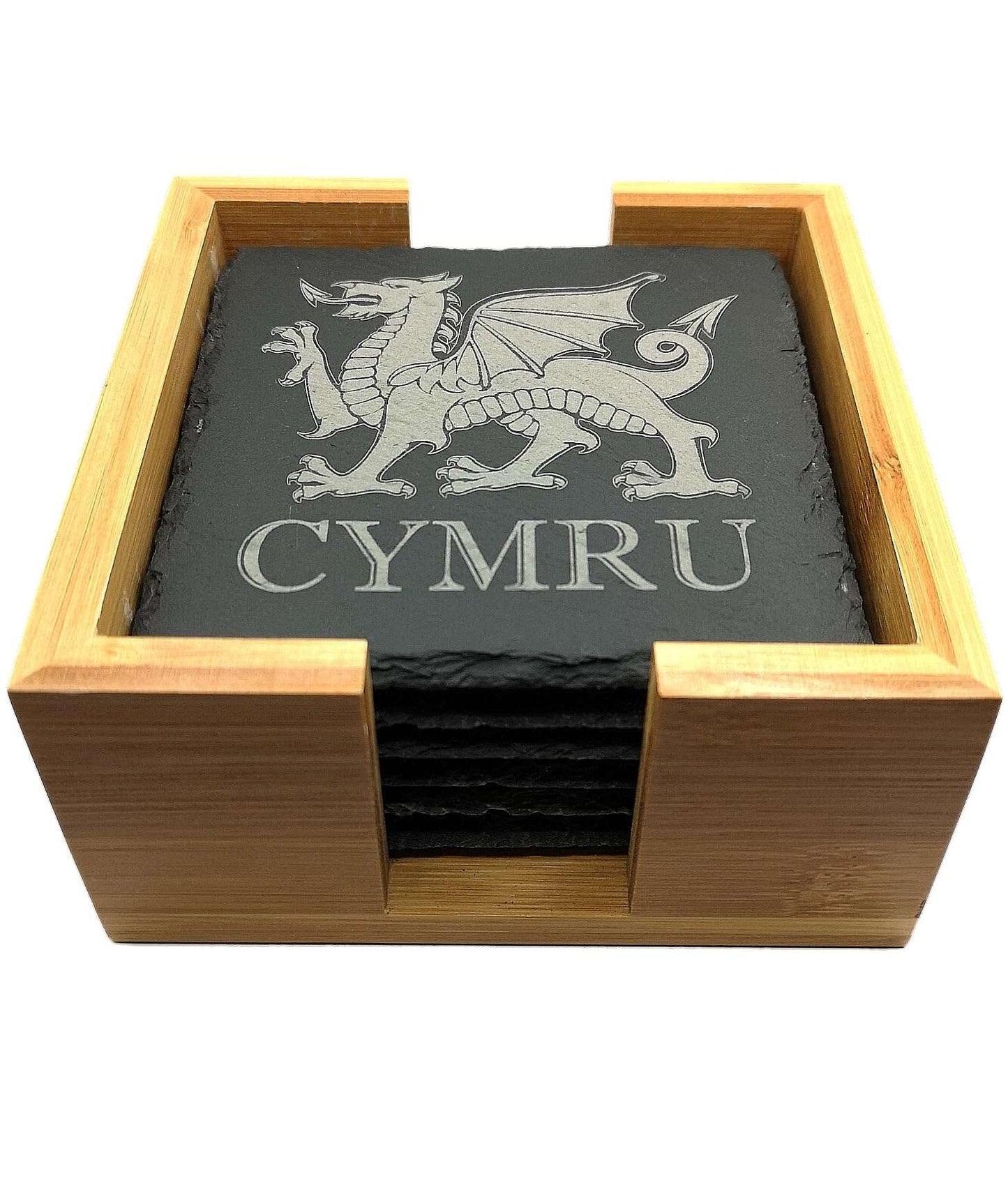 Set of 6 CYMRU Wales Welsh Dragon Slate Coasters with Bamboo Presentation Box