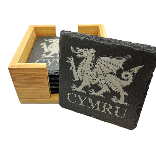Set of 6 CYMRU Wales Welsh Dragon Slate Coasters with Bamboo Presentation Box