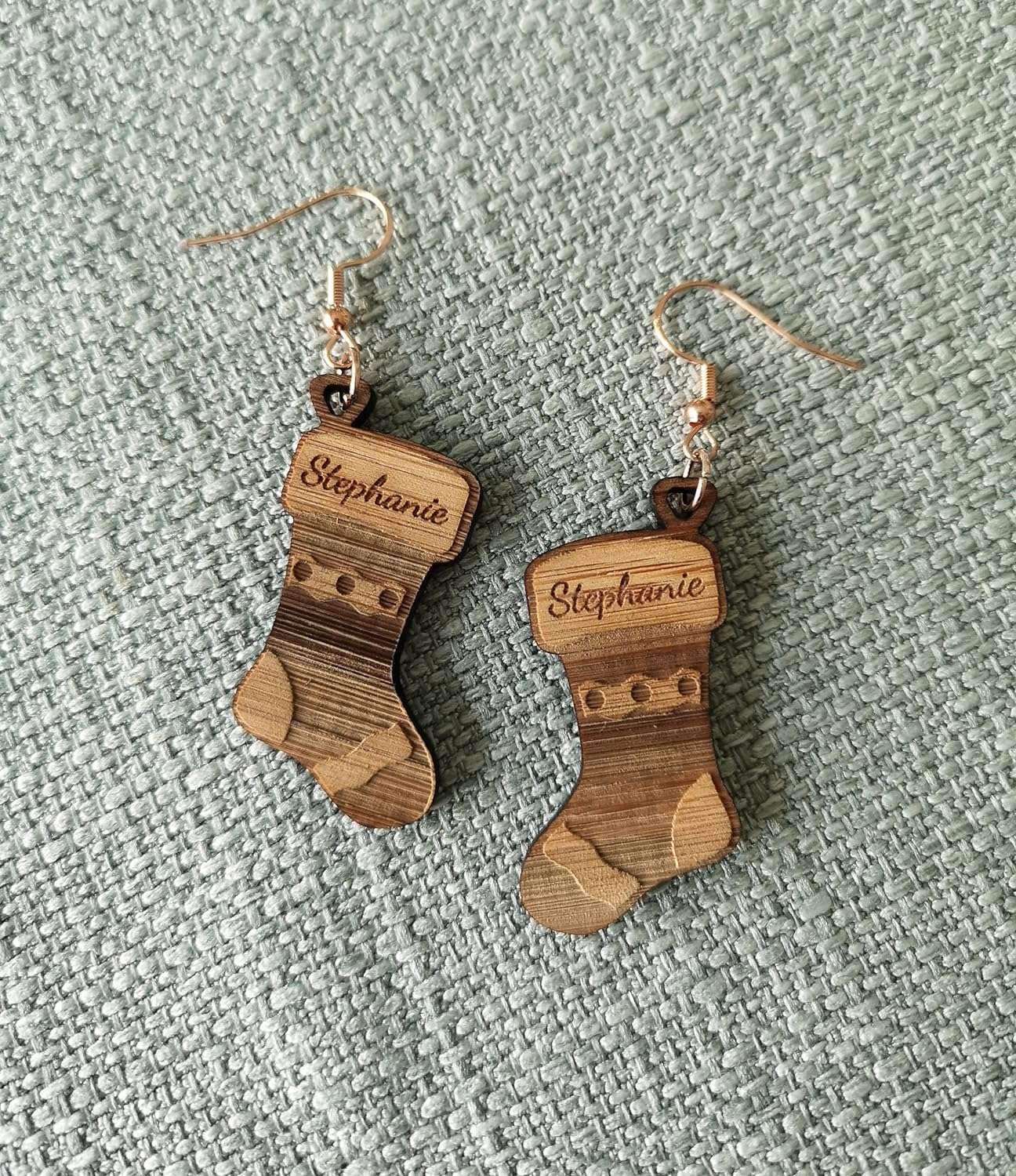 Personalised Novelty Christmas Stocking Bamboo Earrings – customise name and findings colour